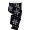 Silver Glittered Snowflakes On Navy Blue Velvet Ribbon 10 Yards Long X 2.5 Inch Wide