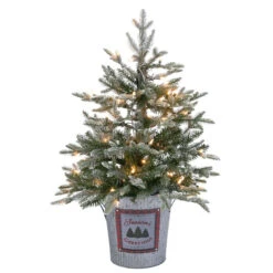 3 Foot Lit Warm Glow Artificial Fir Tree In Corrugated Metal Pot