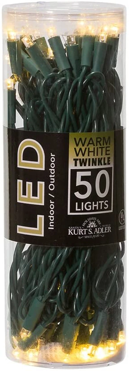Kurt Adler 50 LED 5MM Warm White Twinkle Lights Green Wire 1 Kurt Adler 50 LED 5MM Warm White Twinkle Lights Green Wire
