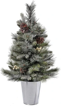 32" Green And White Unique LED Potted Glistening Artificial Pine Tree