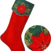 25" Red And Green Velvet Embroidered Poinsettia And Holly Christmas Stocking