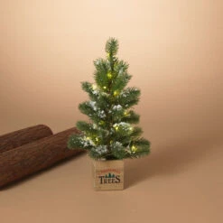 15 Inch Lighted Pine Tree With Faux Snow In Wood Box