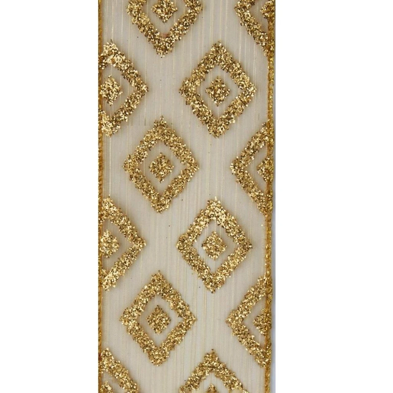 Kurt Adler Sheer Gold With Gold Glittered Diamond Patterned Double Wire Ribbon 1 Kurt Adler Sheer Gold With Gold Glittered Diamond Patterned Double Wire Ribbon