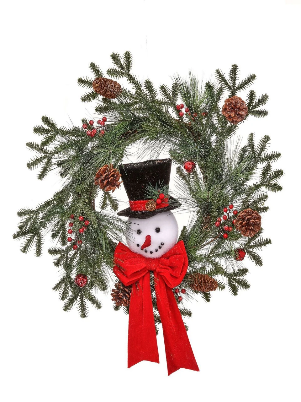 24" Frosted Spruce Snowman With Bow Wreath 1 24" Frosted Spruce Snowman With Bow Wreath