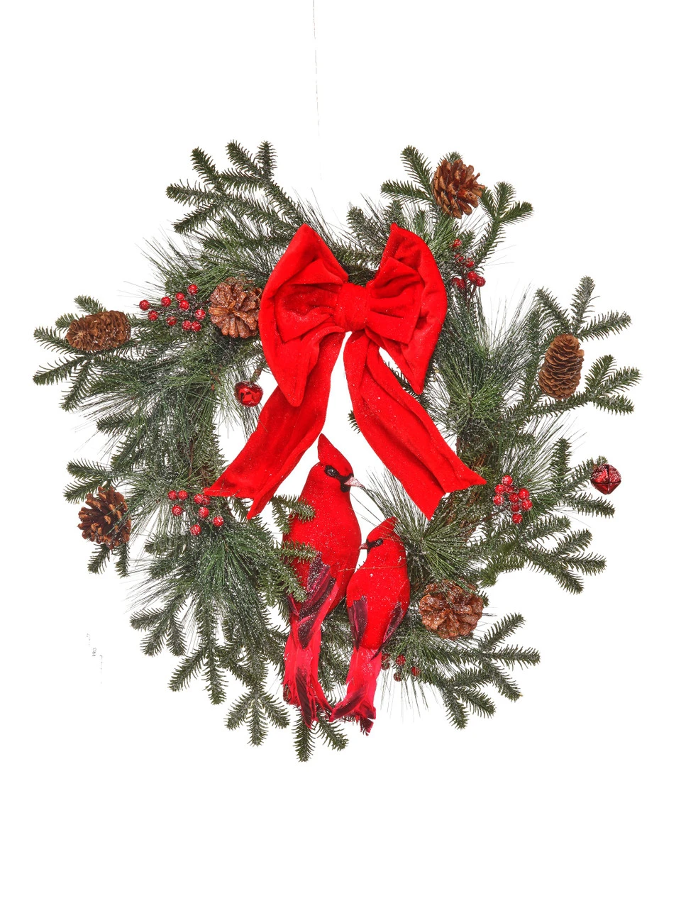 24" Frosted Spruce Cardinals With Bow Wreath 1 24" Frosted Spruce Cardinals With Bow Wreath