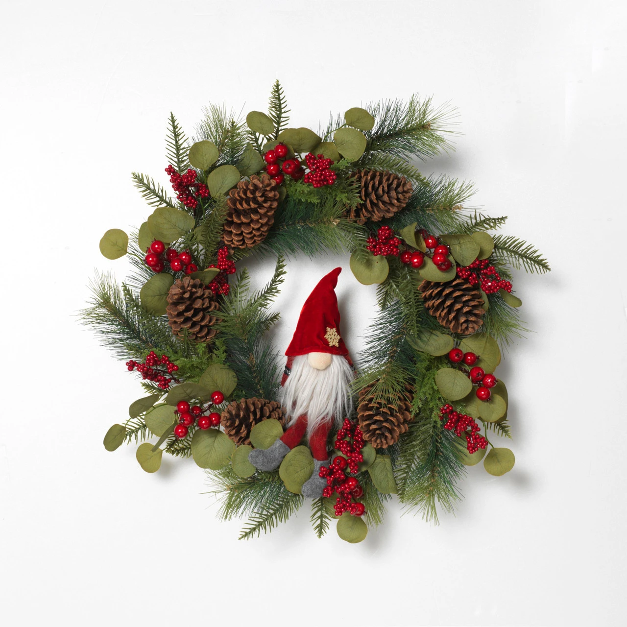 24" Holiday Pine & Berry Wreath With A Gnome 1 24" Holiday Pine & Berry Wreath With A Gnome